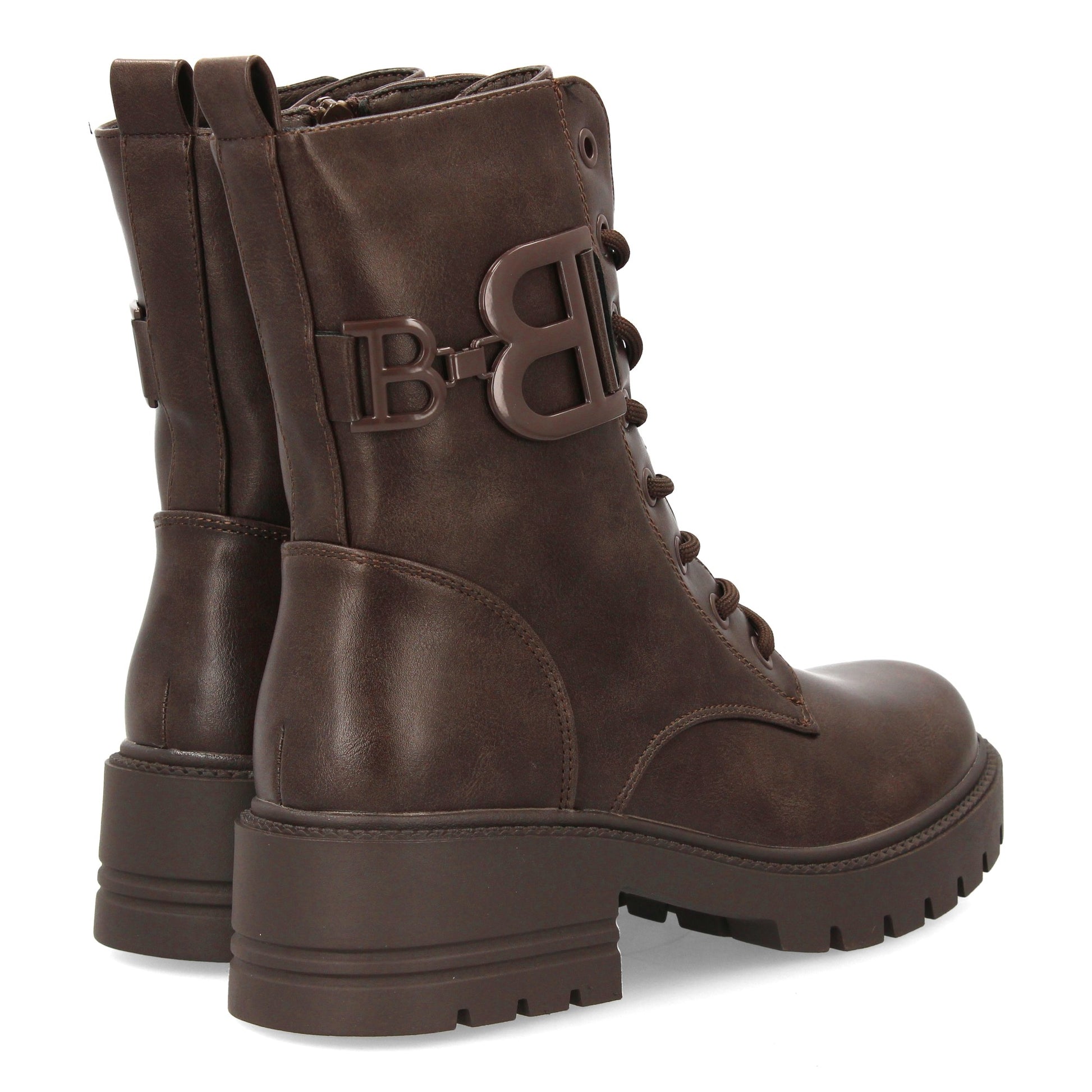 Bota estilo militar café de mujer, cordones, suela gruesa de goma dentada y cierre de cremallera, otoño invierno.