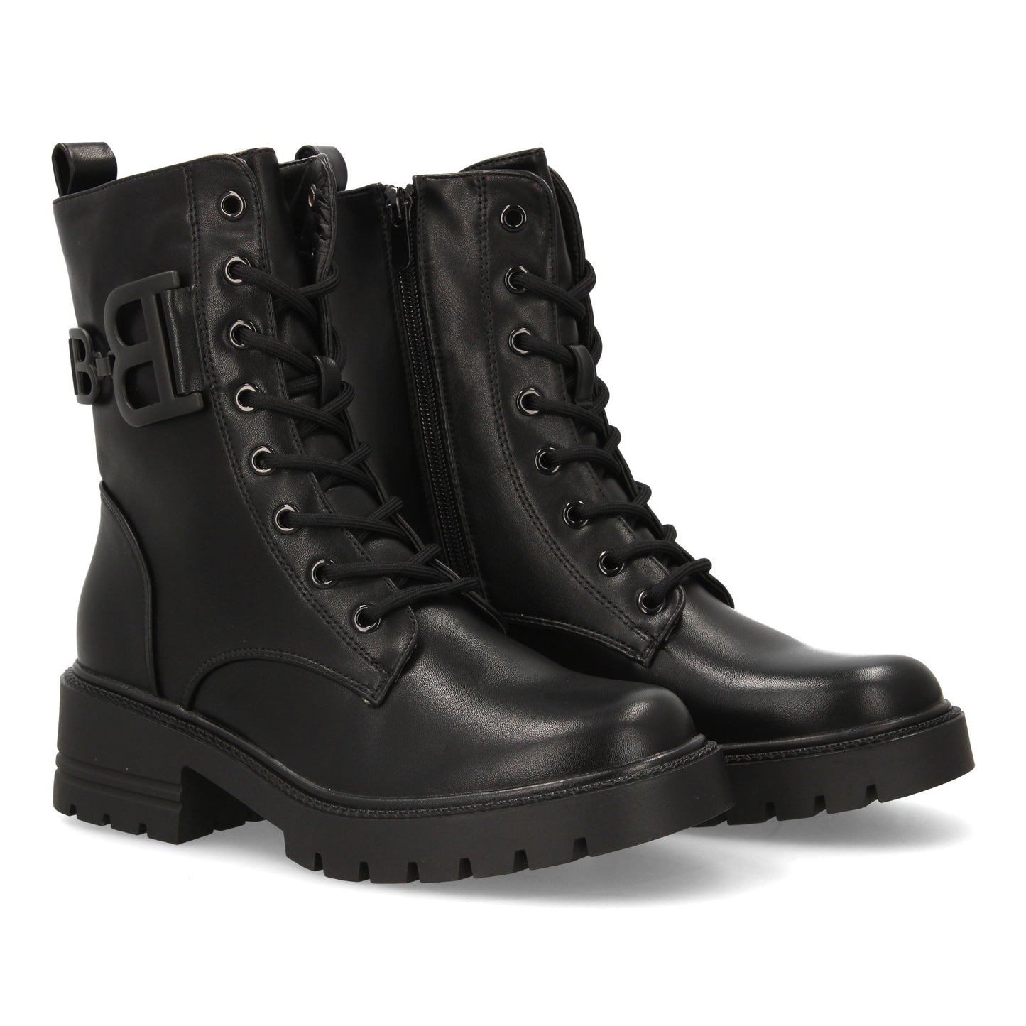 Bota estilo militar negra de mujer, cordones, suela gruesa de goma dentada y cierre de cremallera, otoño invierno.