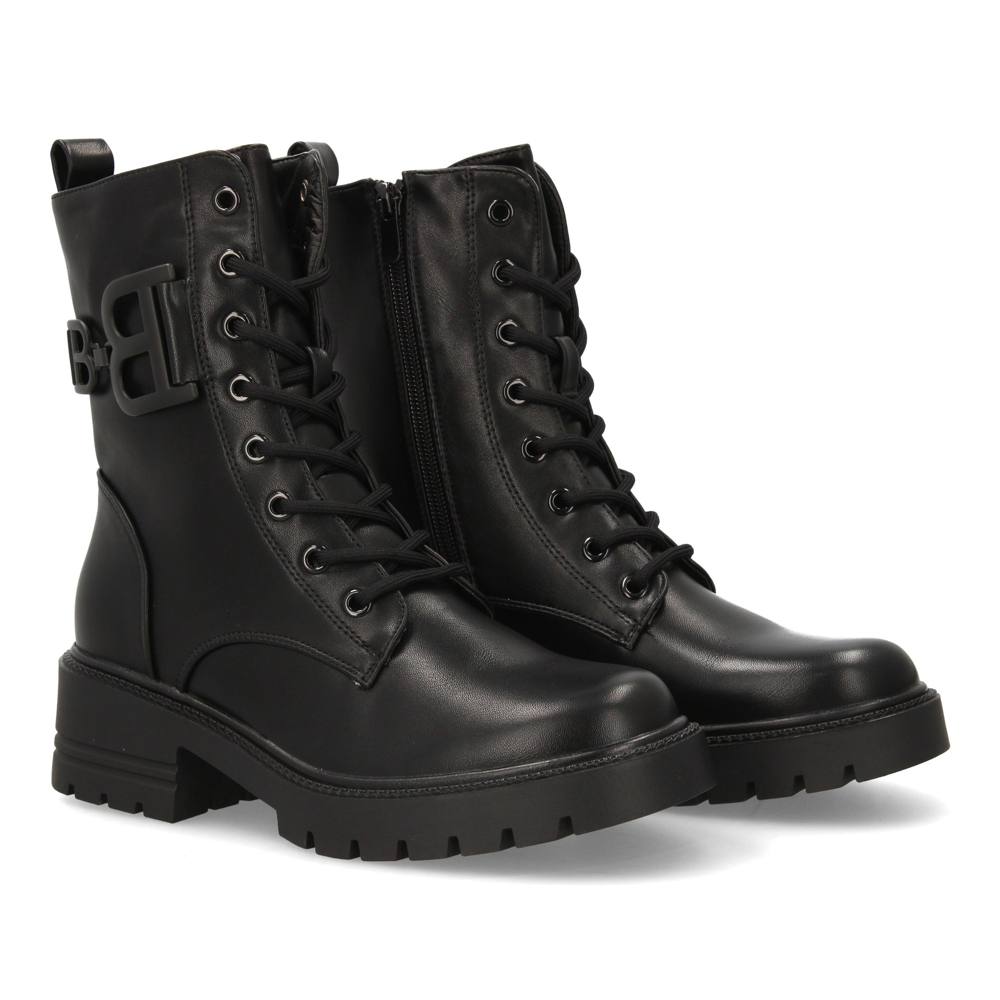 Bota estilo militar negra de mujer, cordones, suela gruesa de goma dentada y cierre de cremallera, otoño invierno.