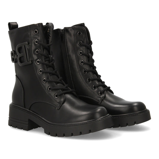 Bota estilo militar negra de mujer, cordones, suela gruesa de goma dentada y cierre de cremallera, otoño invierno.