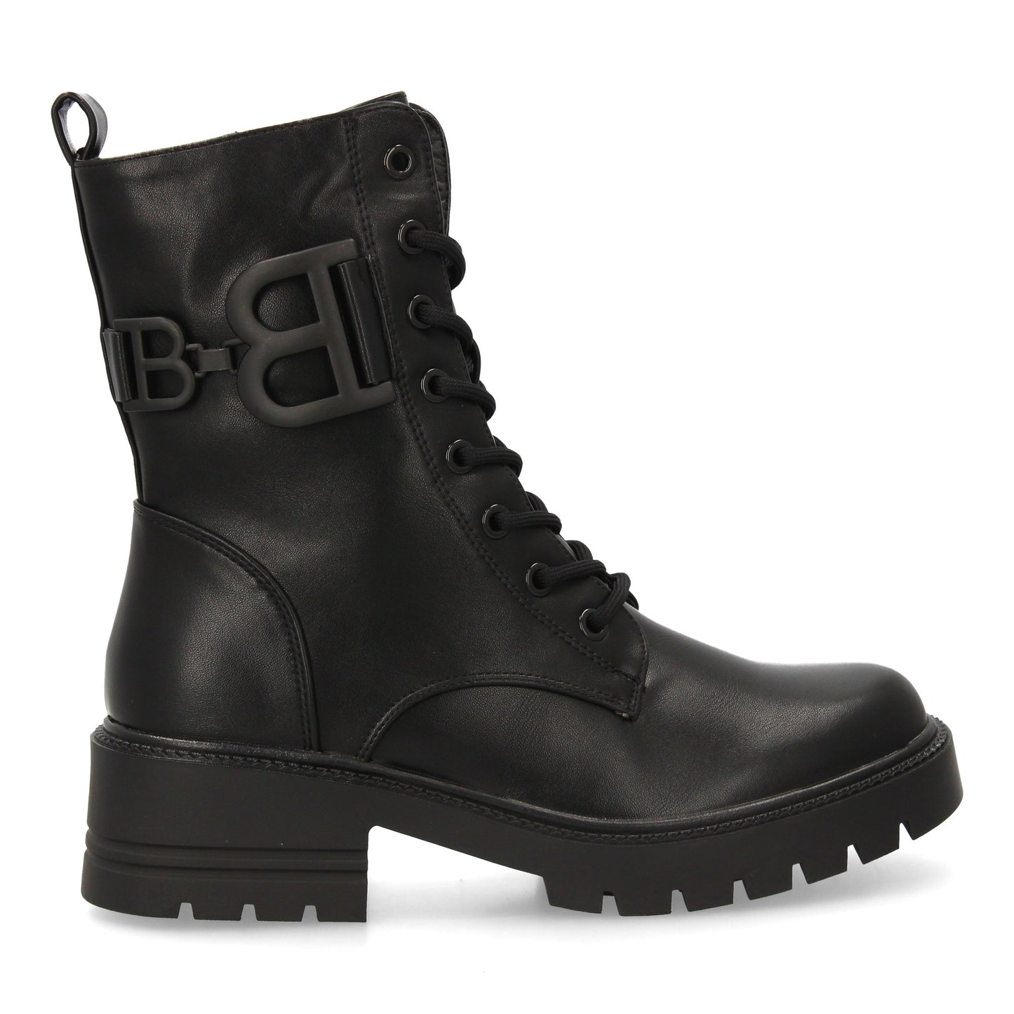 Bota estilo militar negra de mujer, cordones, suela gruesa de goma dentada y cierre de cremallera, otoño invierno.