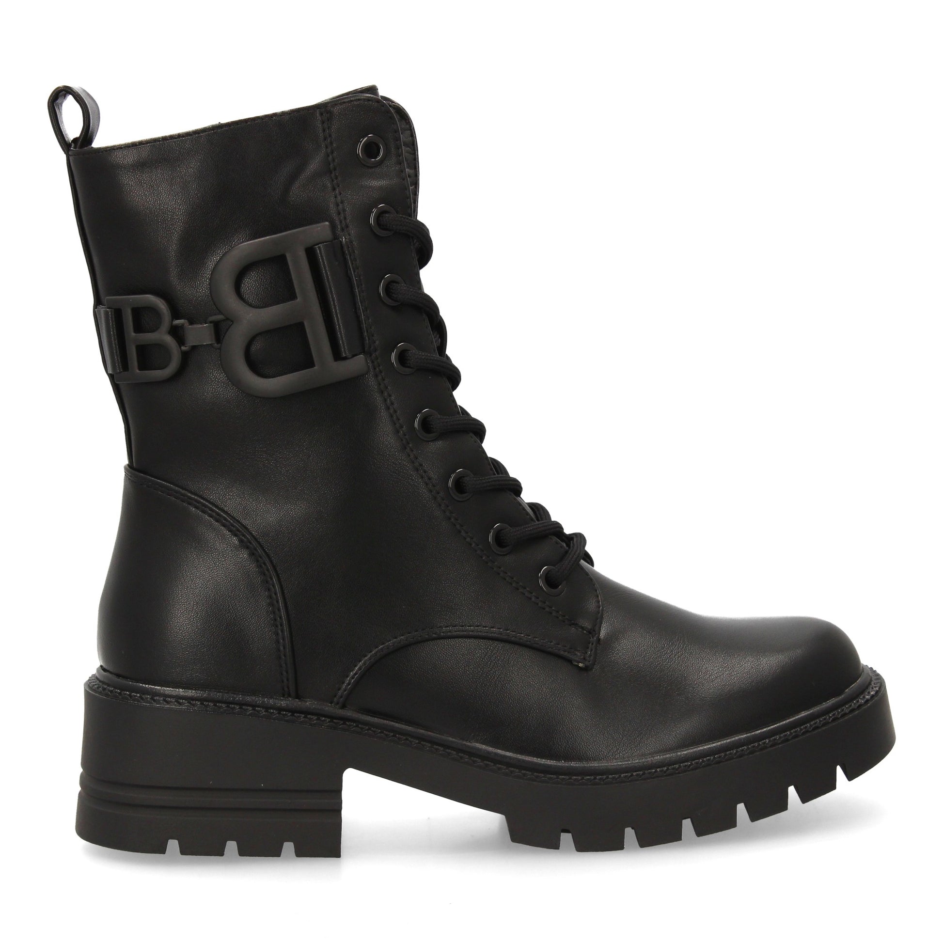 Bota estilo militar negra de mujer, cordones, suela gruesa de goma dentada y cierre de cremallera, otoño invierno.