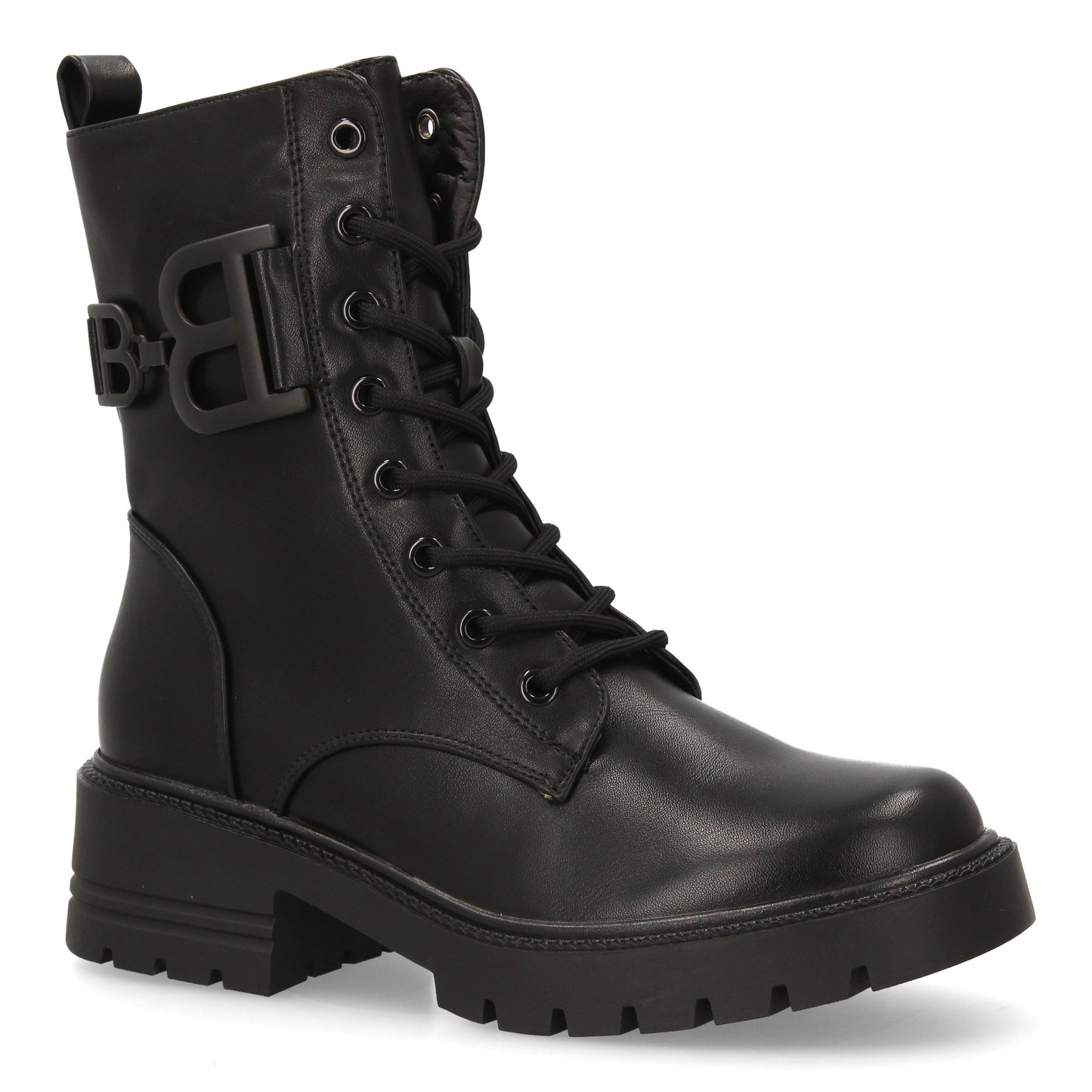 Bota estilo militar negra de mujer, cordones, suela gruesa de goma dentada y cierre de cremallera, otoño invierno.