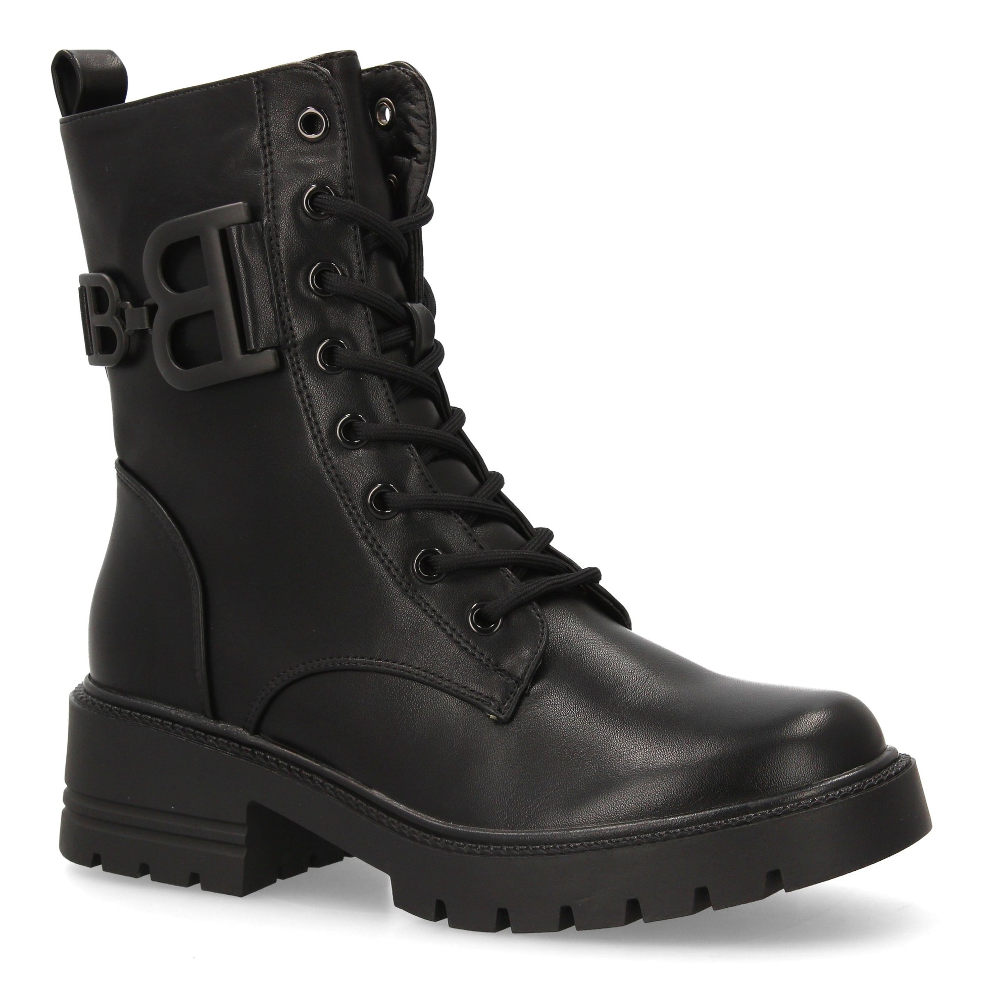 Bota estilo militar negra de mujer, cordones, suela gruesa de goma dentada y cierre de cremallera, otoño invierno.