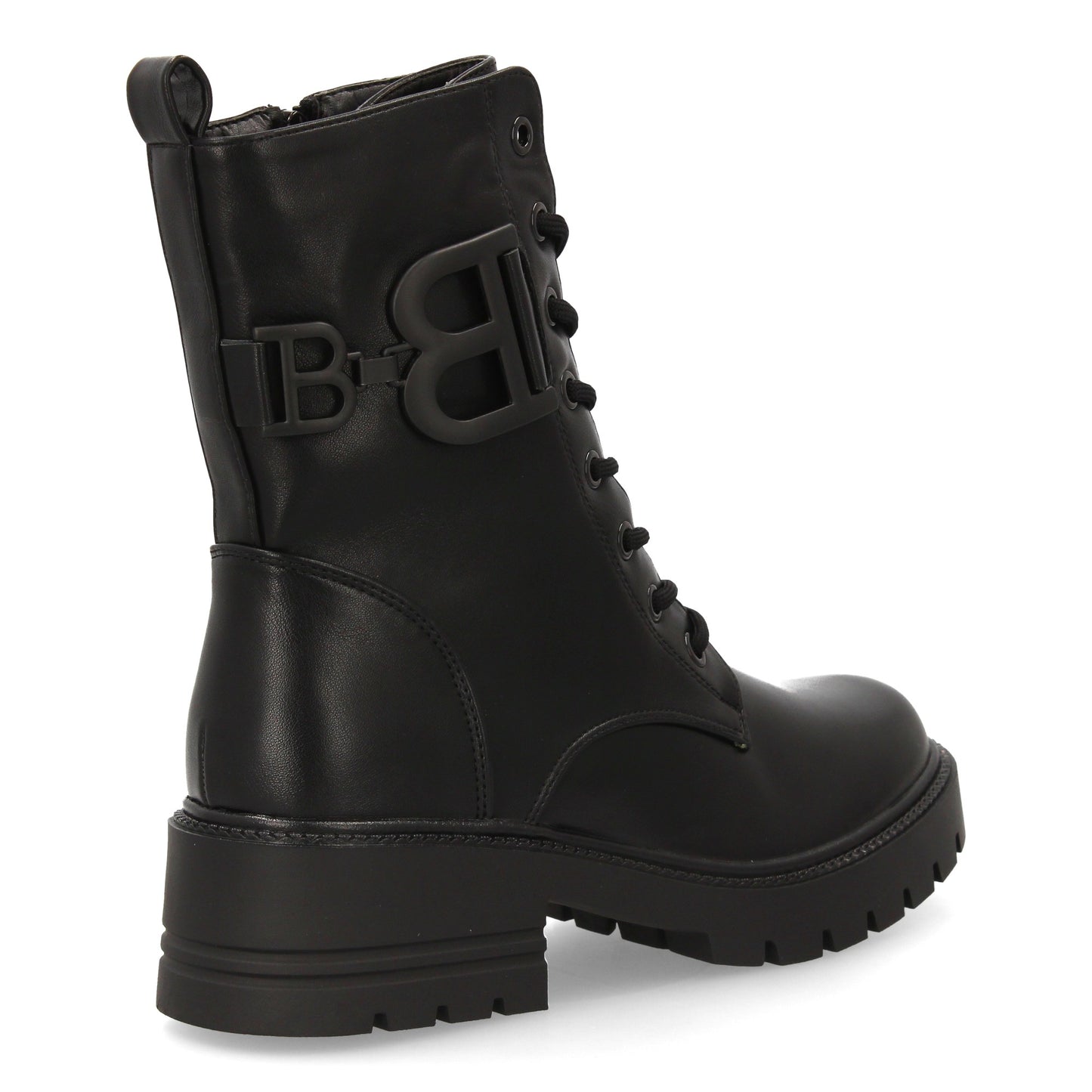 Bota estilo militar negra de mujer, cordones, suela gruesa de goma dentada y cierre de cremallera, otoño invierno.