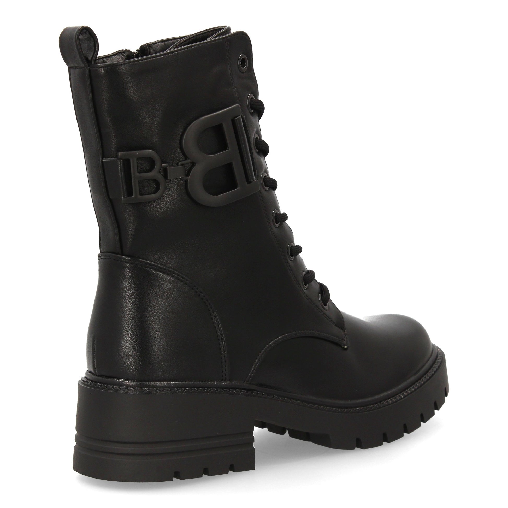 Bota estilo militar negra de mujer, cordones, suela gruesa de goma dentada y cierre de cremallera, otoño invierno.