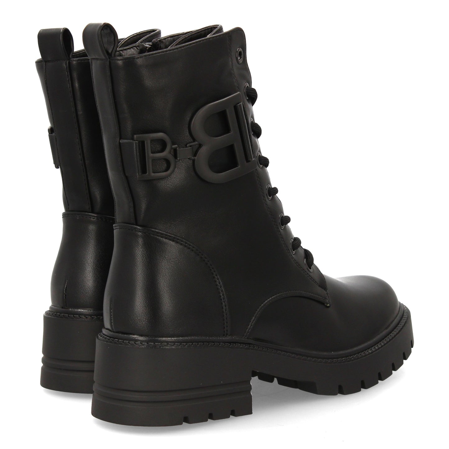 Bota estilo militar negra de mujer, cordones, suela gruesa de goma dentada y cierre de cremallera, otoño invierno.