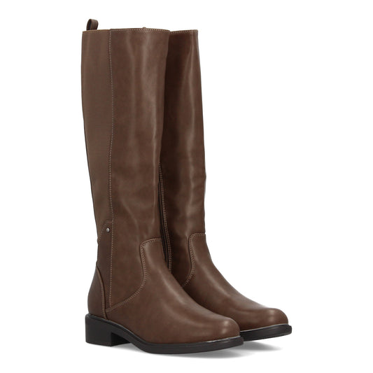 Bota de caña alta marrón de mujer con parte trasera elástica, tacón bajo y cierre de cremallera.