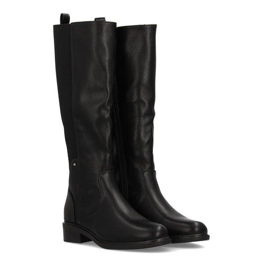 Bota de caña alta negra de mujer con parte trasera elástica, tacón bajo y cierre de cremallera.