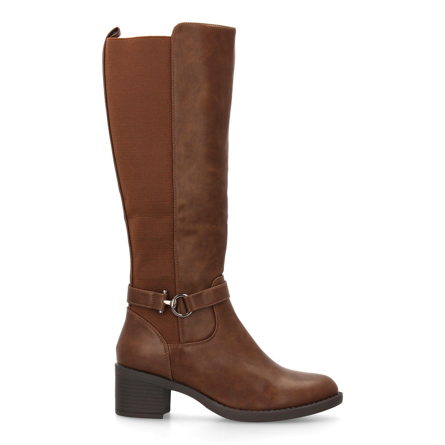 Botas de tacón color café de mujer, detalle de hebilla, caña elástica y cremallera, otoño invierno.