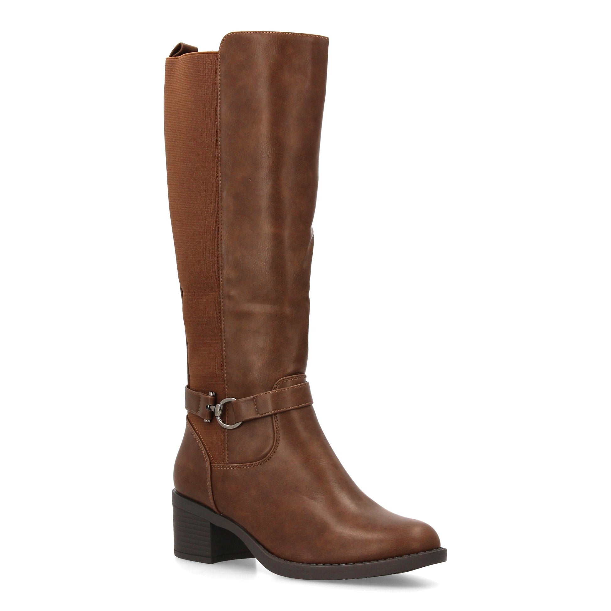 Botas de tacón color café de mujer, detalle de hebilla, caña elástica y cremallera, otoño invierno.