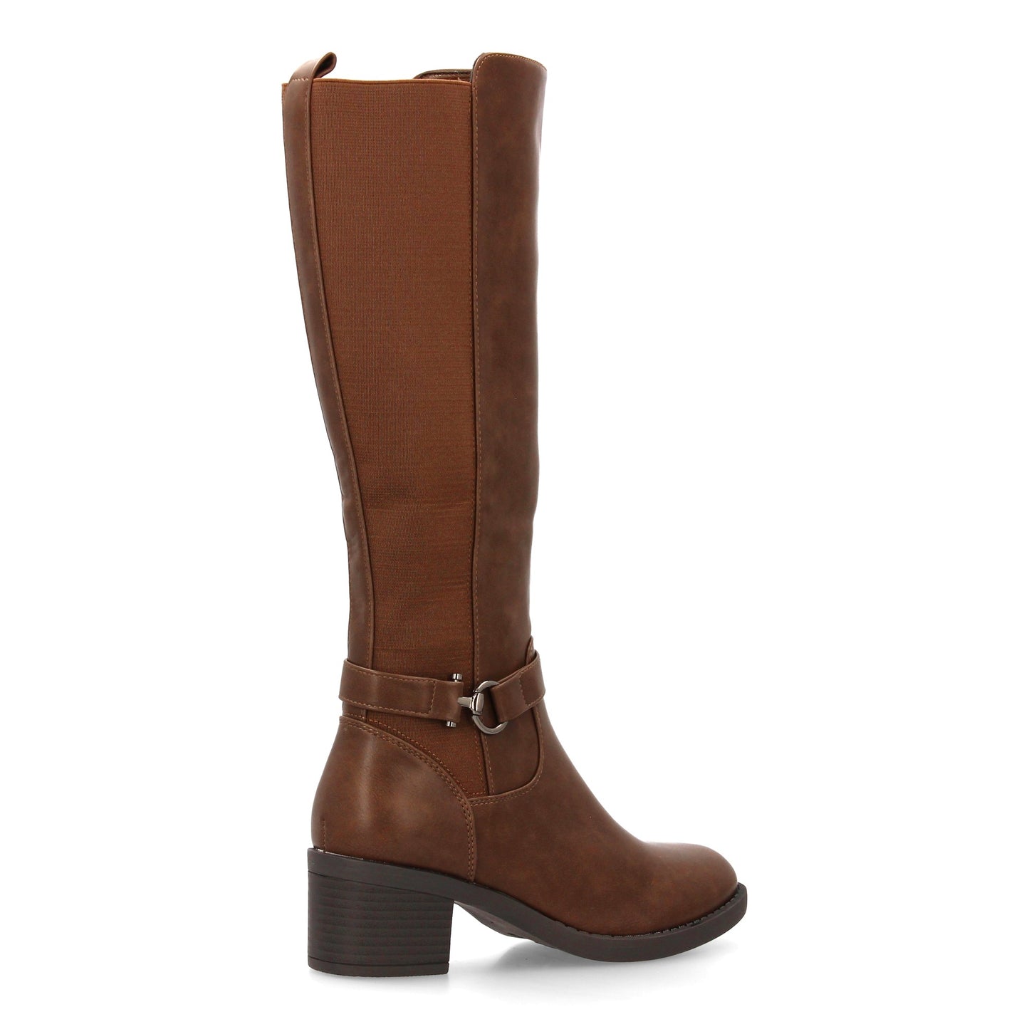 Botas de tacón color café de mujer, detalle de hebilla, caña elástica y cremallera, otoño invierno.