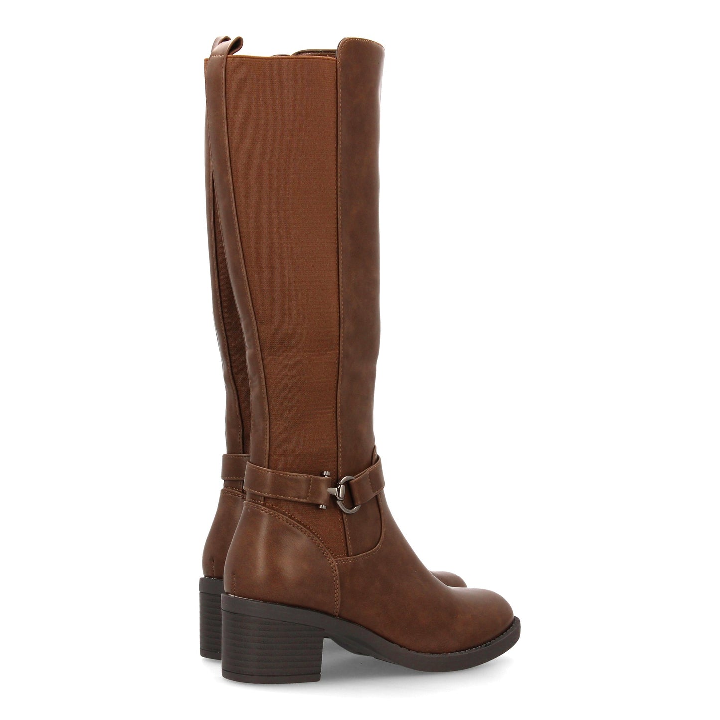 Botas de tacón color café de mujer, detalle de hebilla, caña elástica y cremallera, otoño invierno.