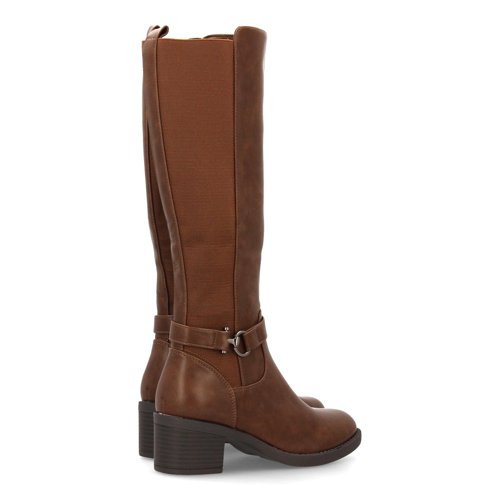 Botas de tacón color café de mujer, detalle de hebilla, caña elástica y cremallera, otoño invierno.
