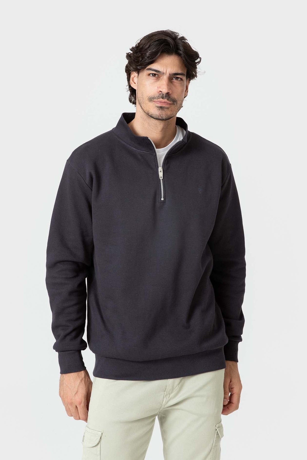 Sudadera azul marino de algodón con cuello chimenea para hombre