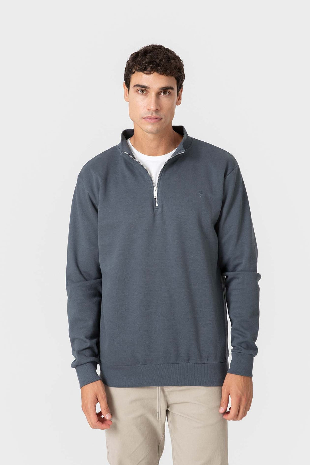 Sudadera azul de algodón con cuello chimenea para hombre