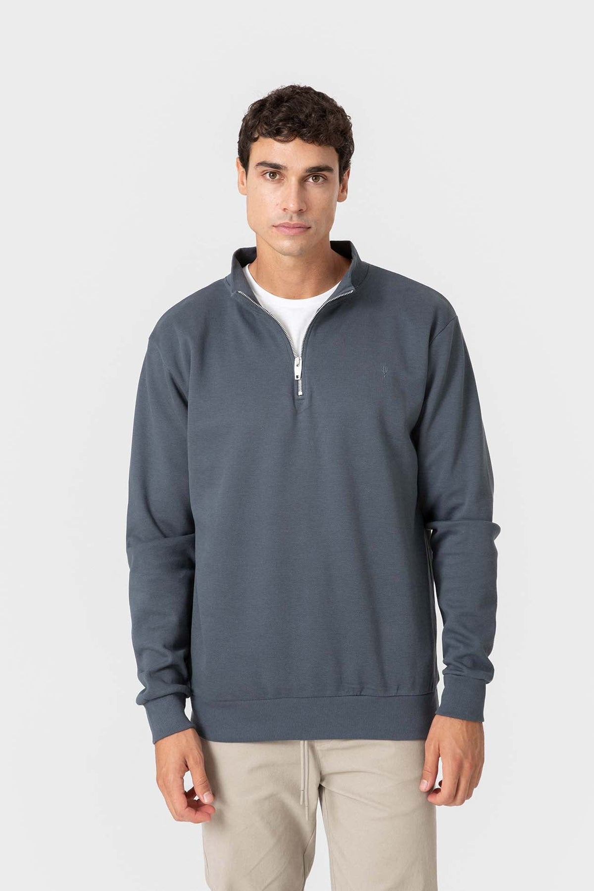 Sudadera azul de algodón con cuello chimenea para hombre
