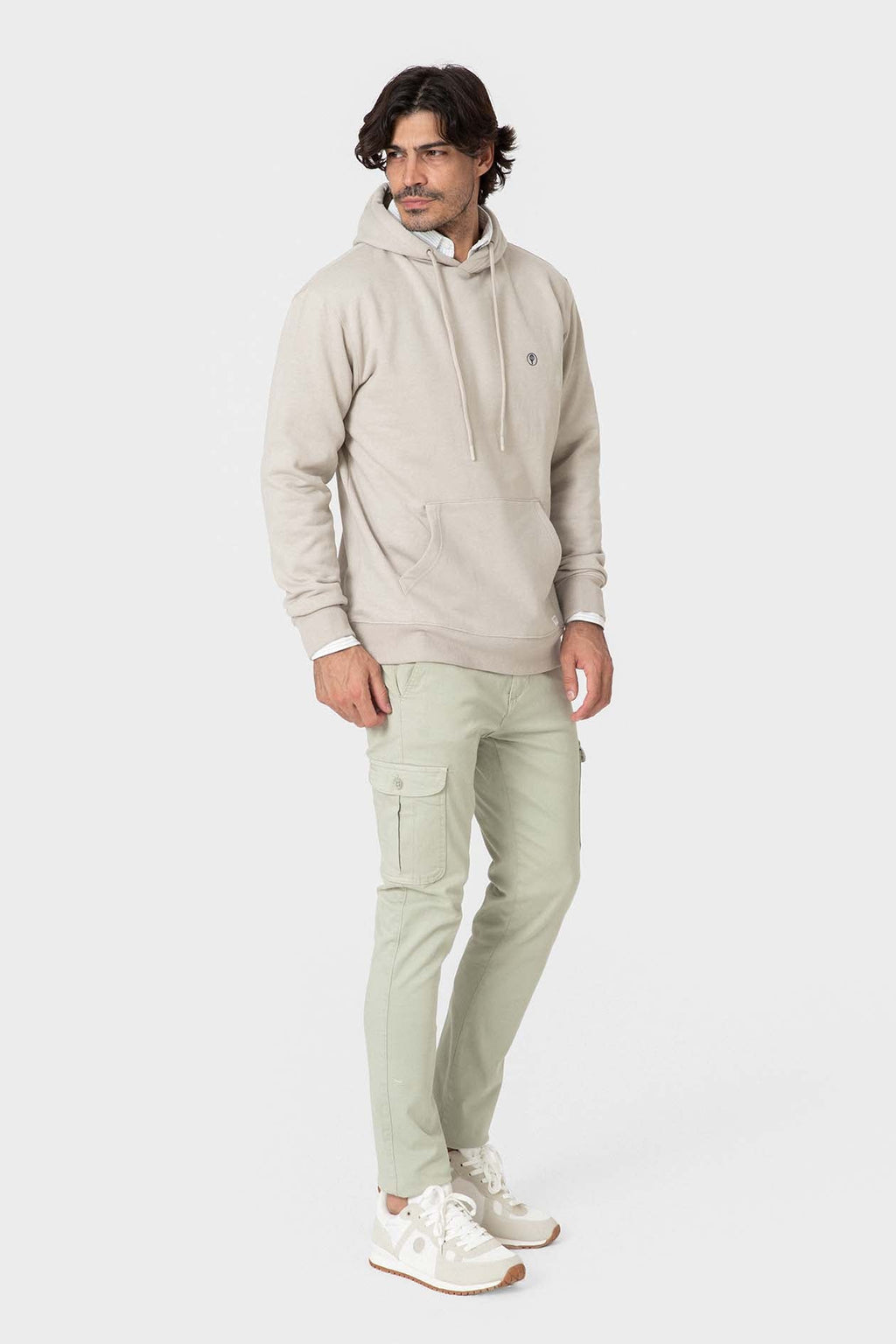 Sudadera beige con capucha y bolsillo canguro para hombre