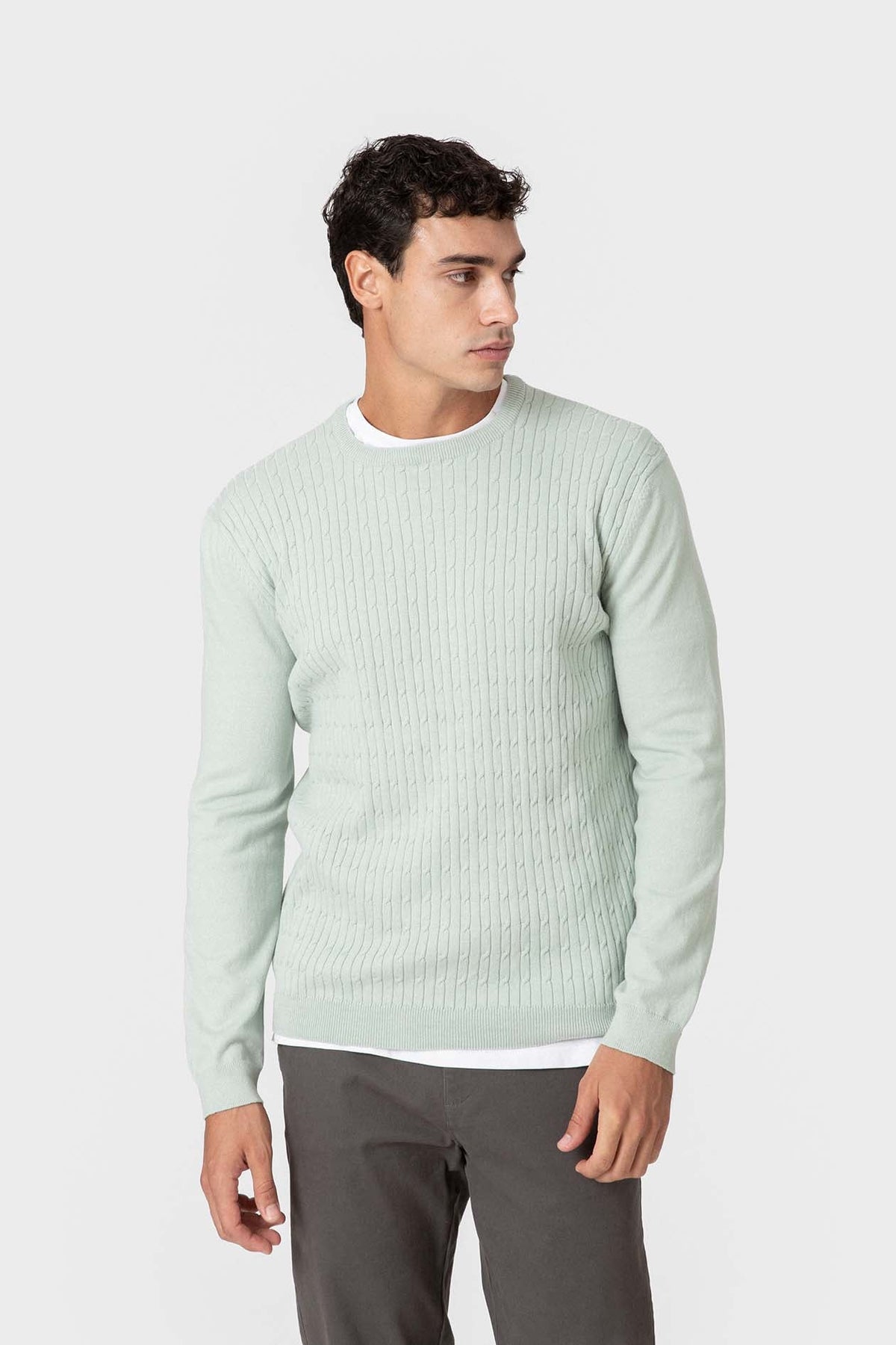 Jersey de algodón verde claro con textura de nudos para hombre