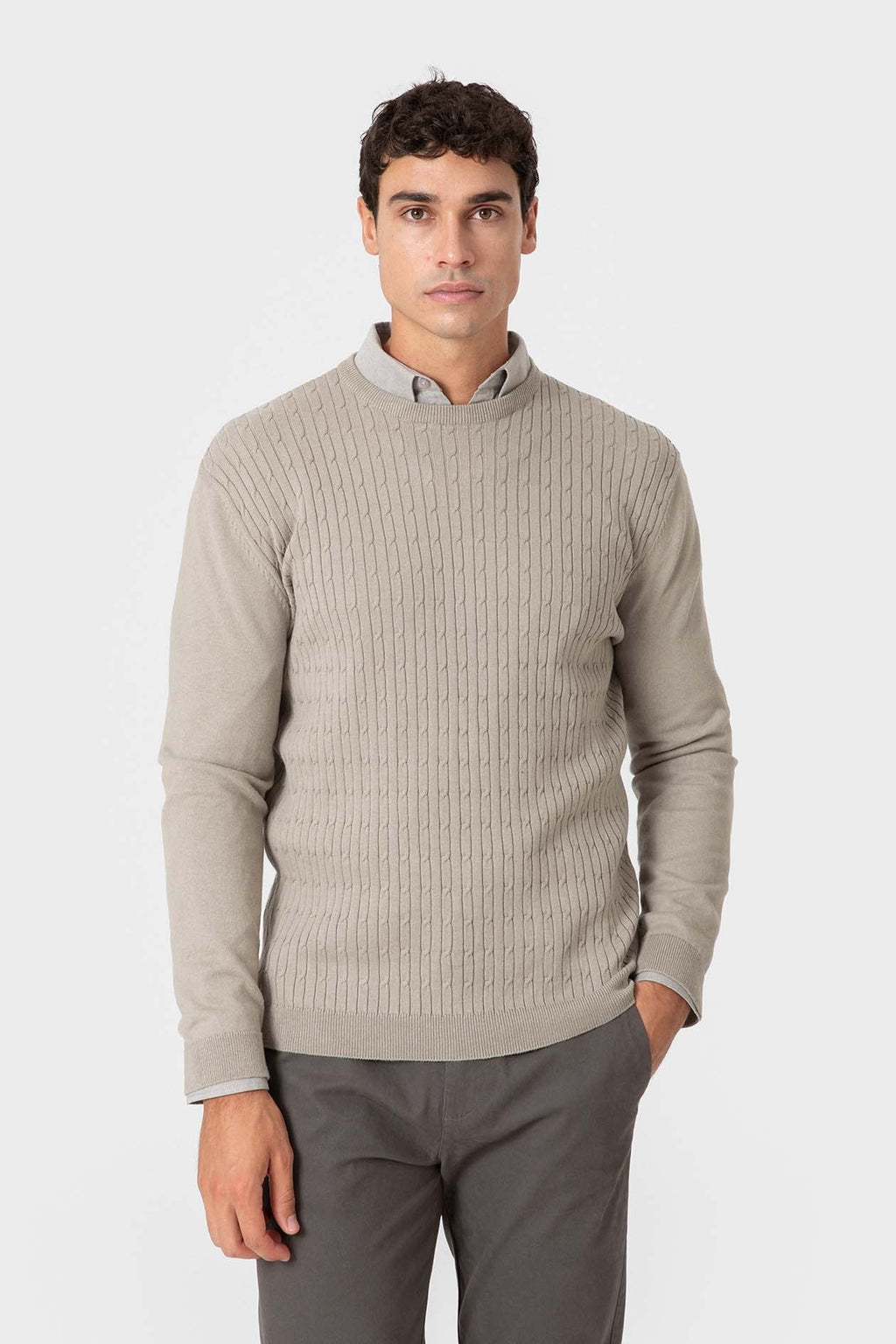 Jersey Beige de Punto con Nudos para Hombre en Algodón