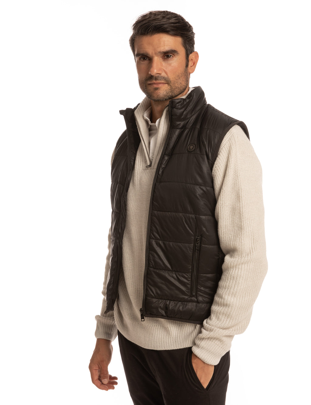 Chaleco Acolchado Negro con Cuello Alto para Hombre