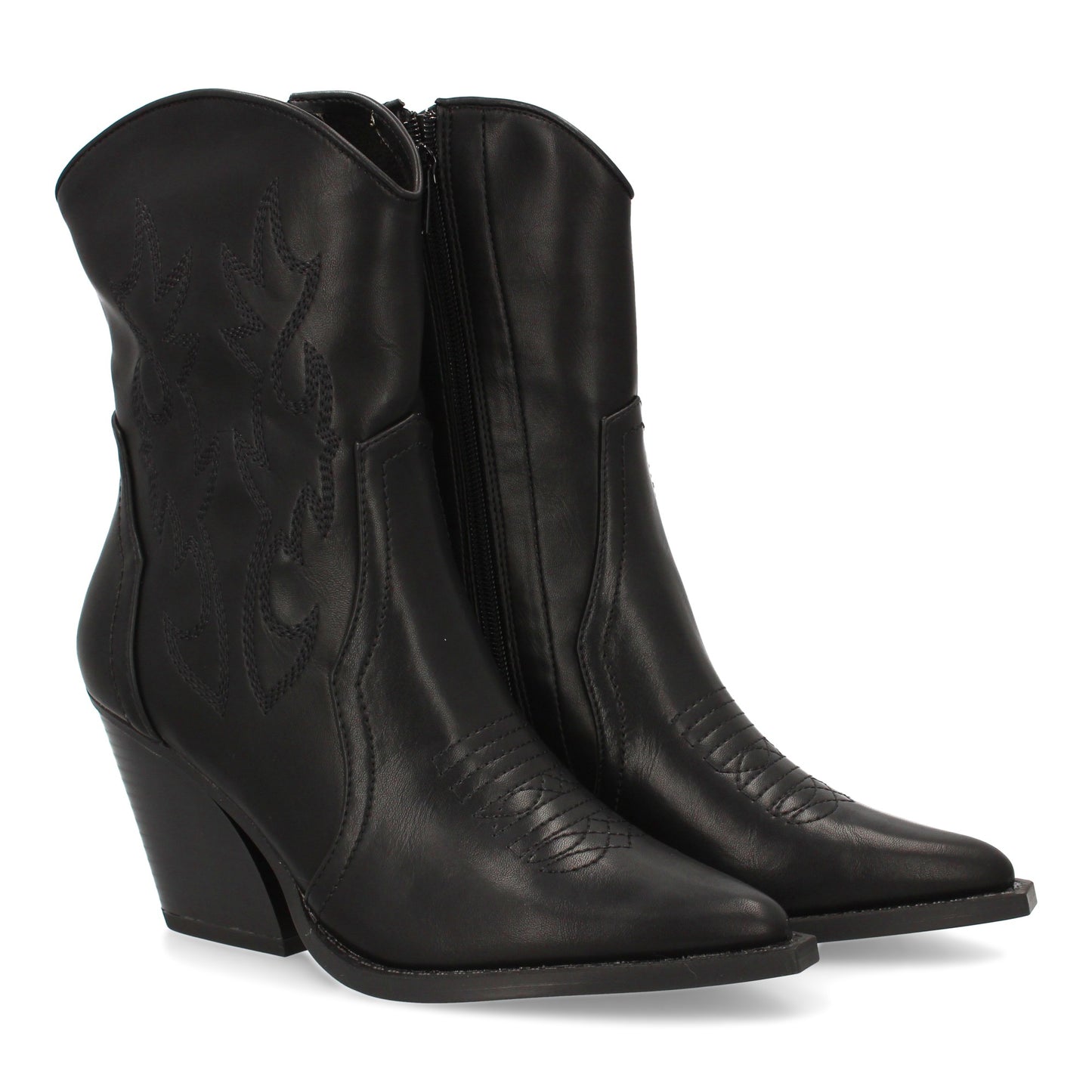 Botín campero negro de mujer con bordados, tacón cómodo y cierre de cremallera, ideal otoño invierno.