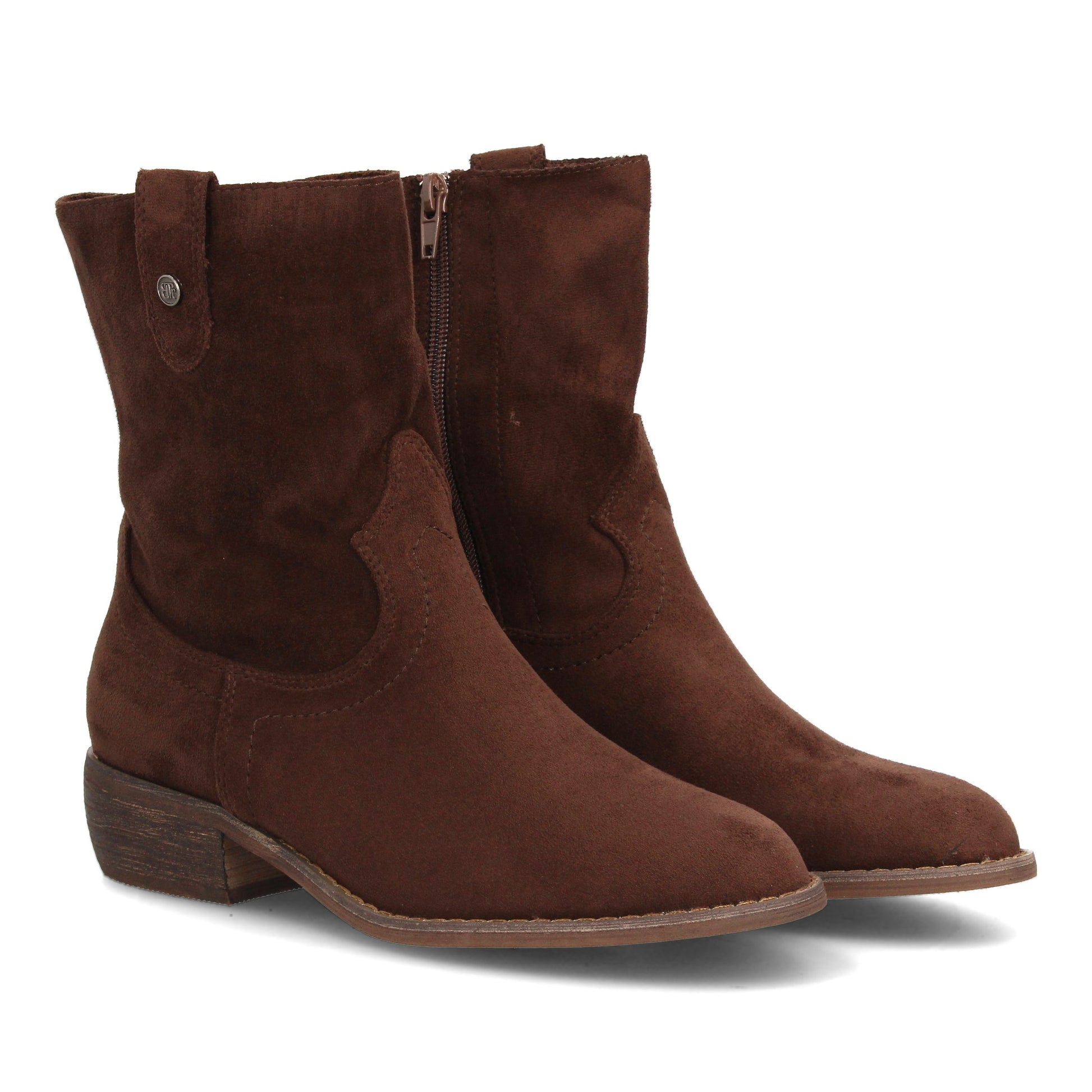 Botín de tacón de mujer color café con punta redonda y cierre de cremallera para Otoño-Invierno.