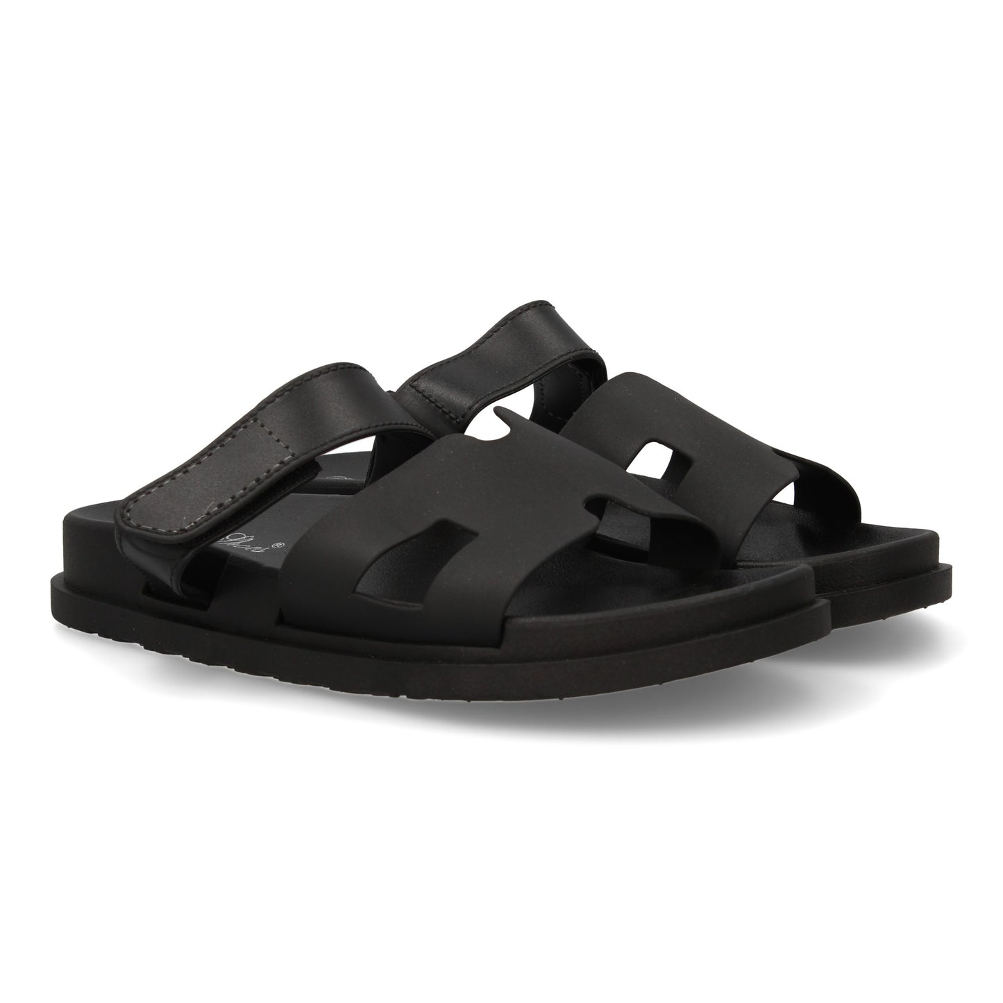 Chanclas negras de mujer con adorno en la pala y cierre de velcro, cómodas para el verano.