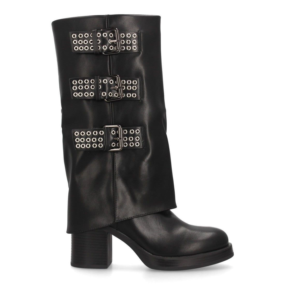 Bota de caña alta negra con hebillas y tacón ancho