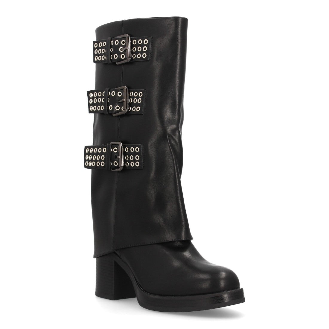 Bota de caña alta negra con hebillas y tacón ancho