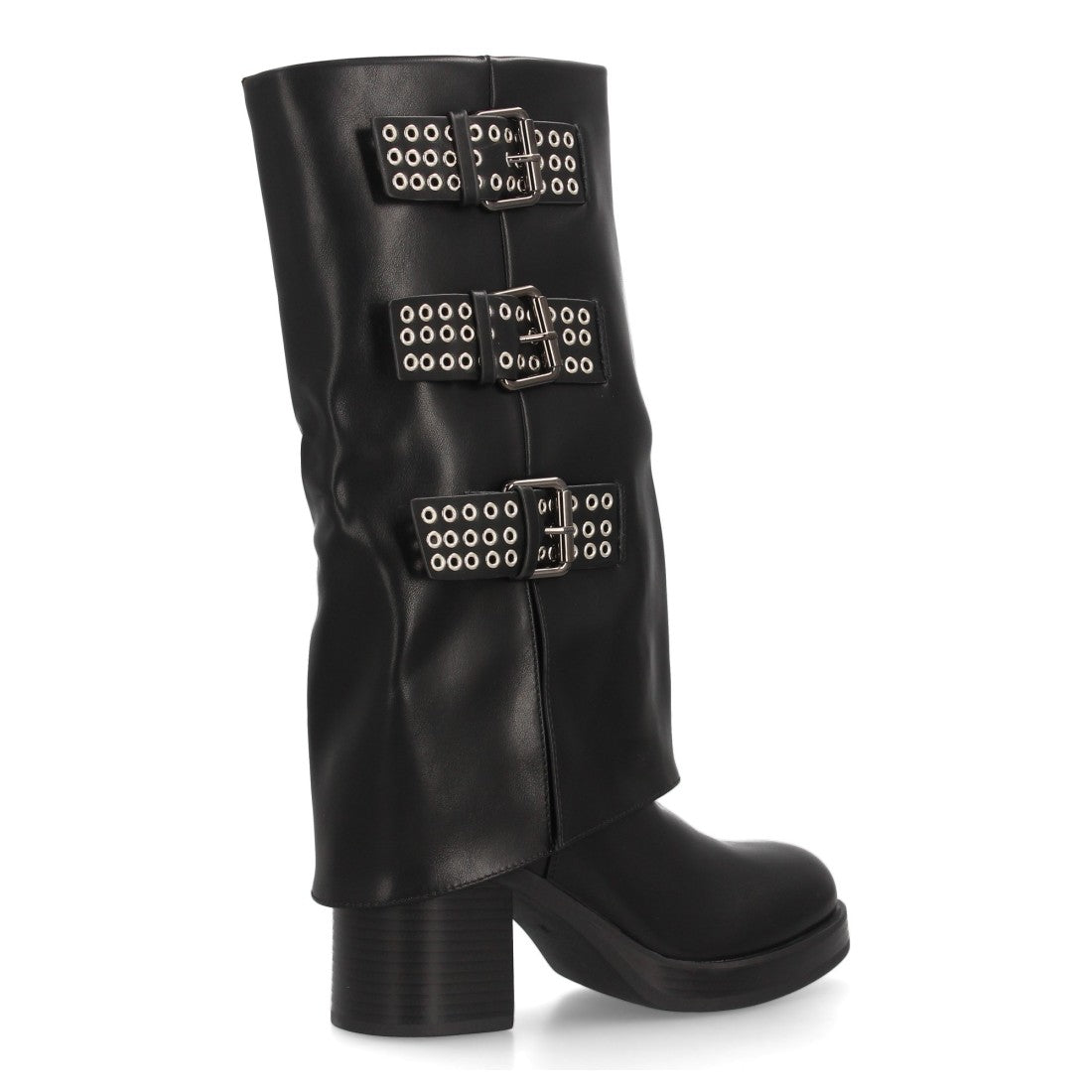 Bota de caña alta negra con hebillas y tacón ancho