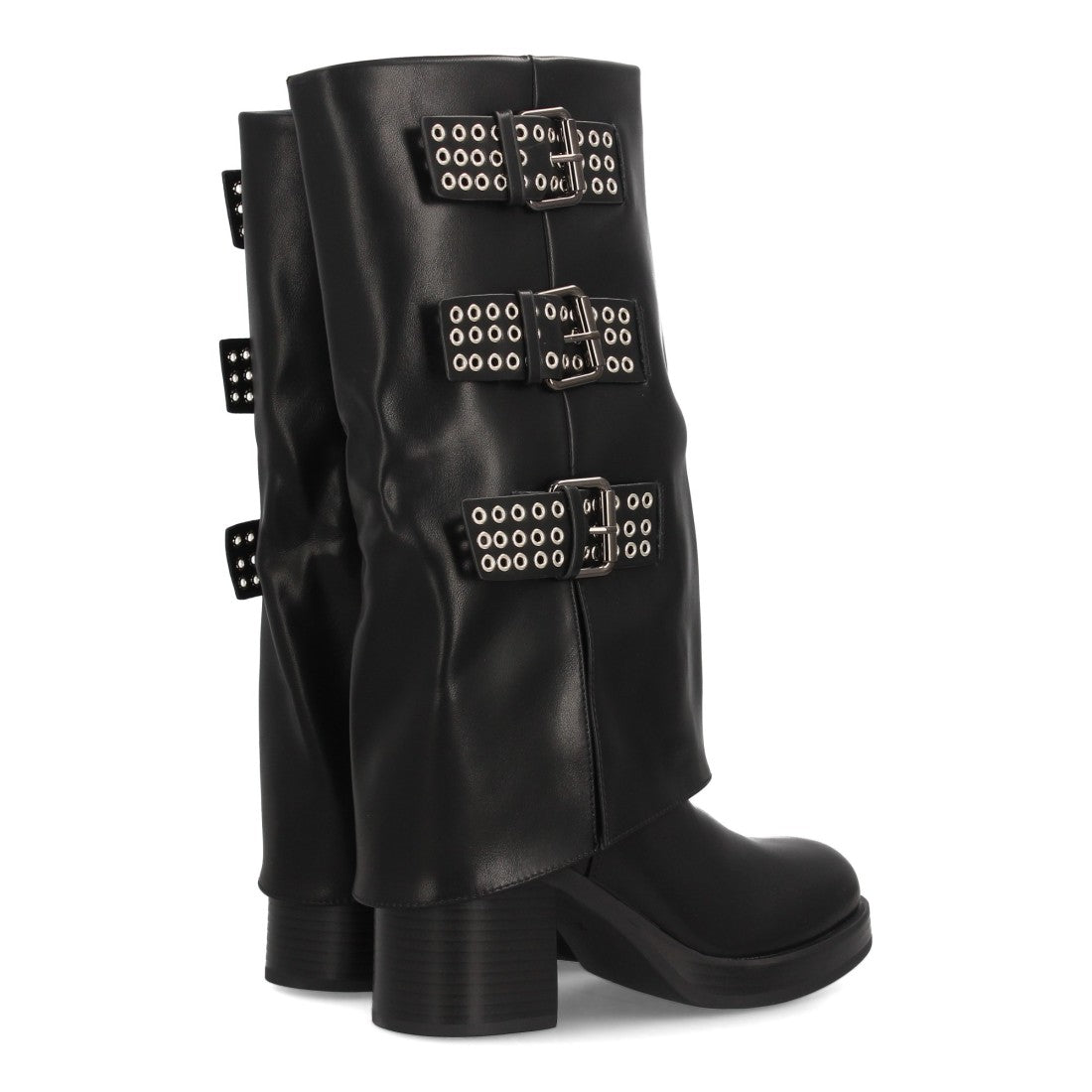 Bota de caña alta negra con hebillas y tacón ancho