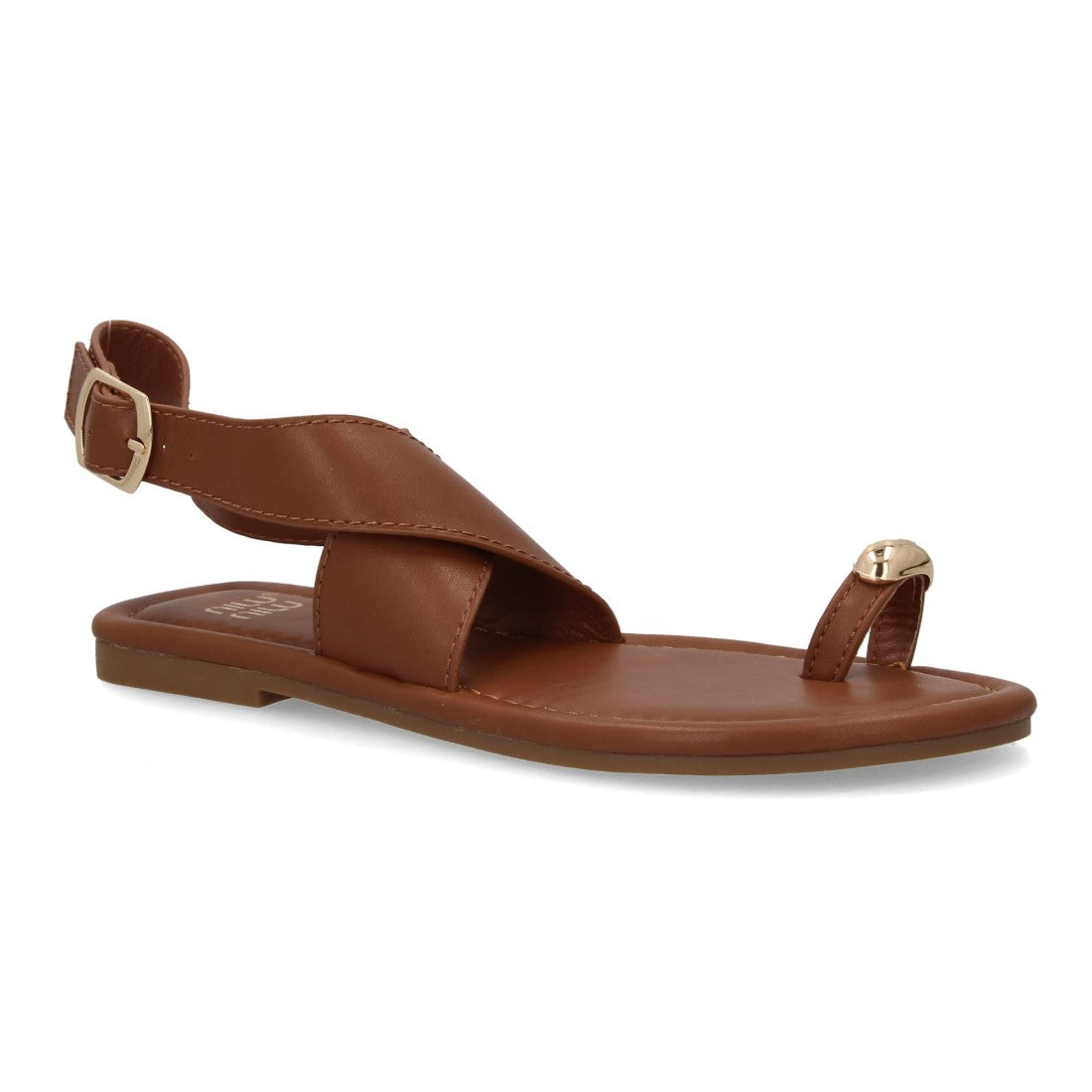 Sandalia plana minimalista camel con cierre de hebilla