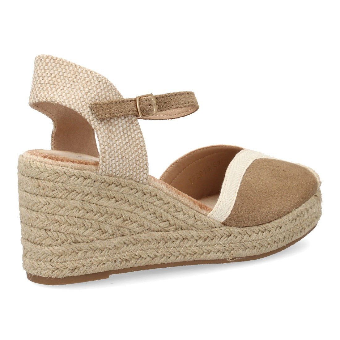 Alpargata artesanal color kaki con cuña de esparto y hebilla.