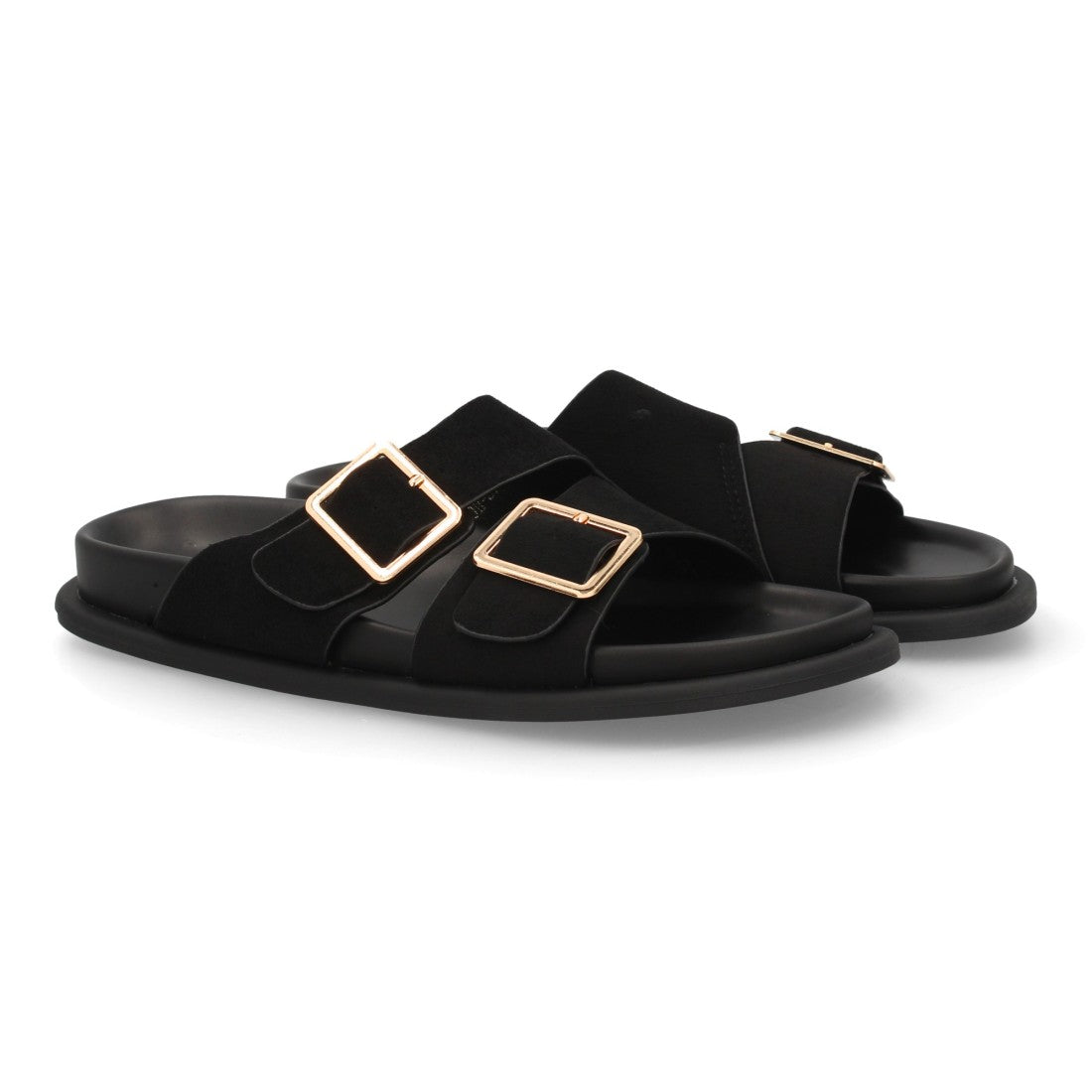 Sandalia pala negra mujer con diseño de doble hebilla metálica.