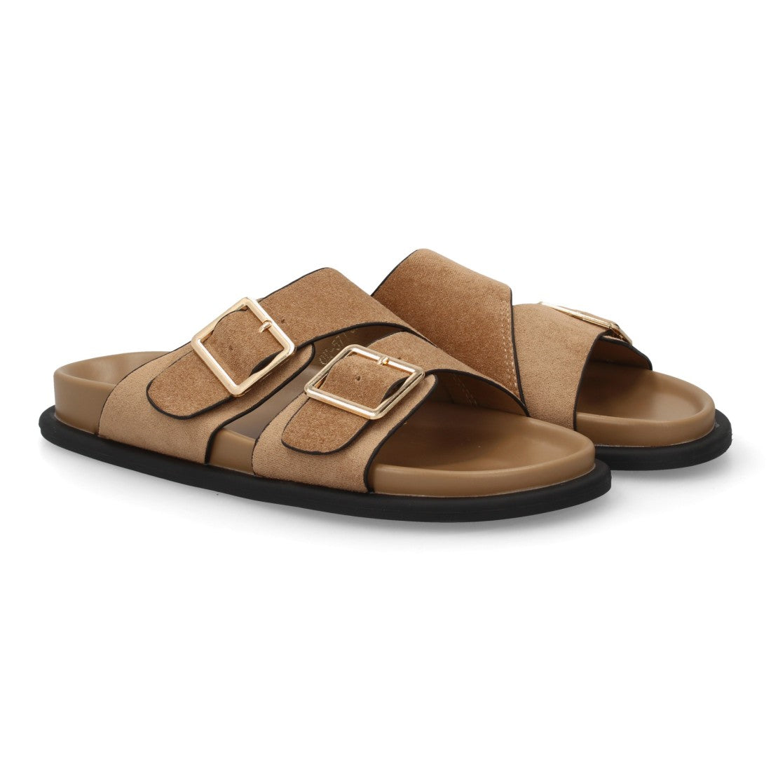Sandalia plana mujer color kaki con dos hebillas grandes doradas.
