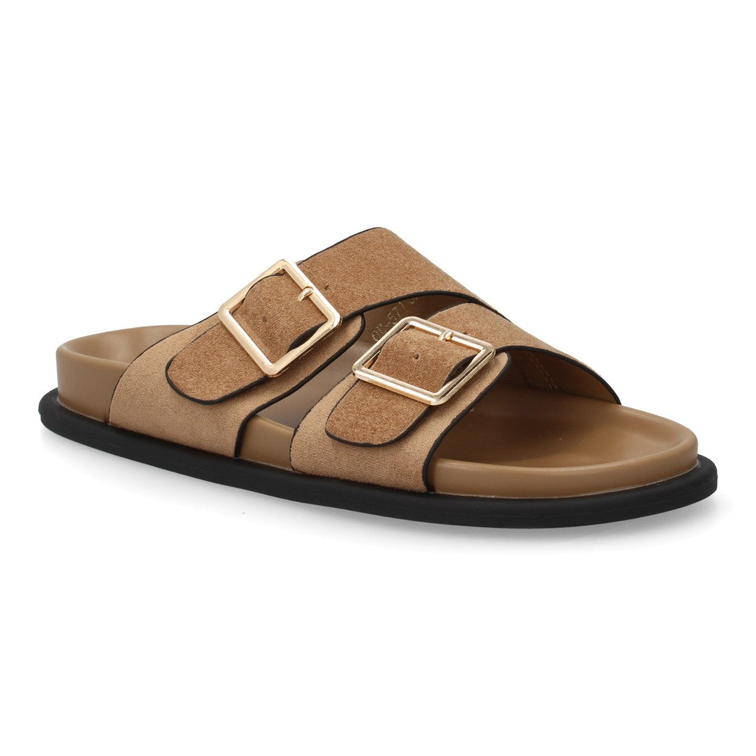Sandalia plana mujer color kaki con dos hebillas grandes doradas.