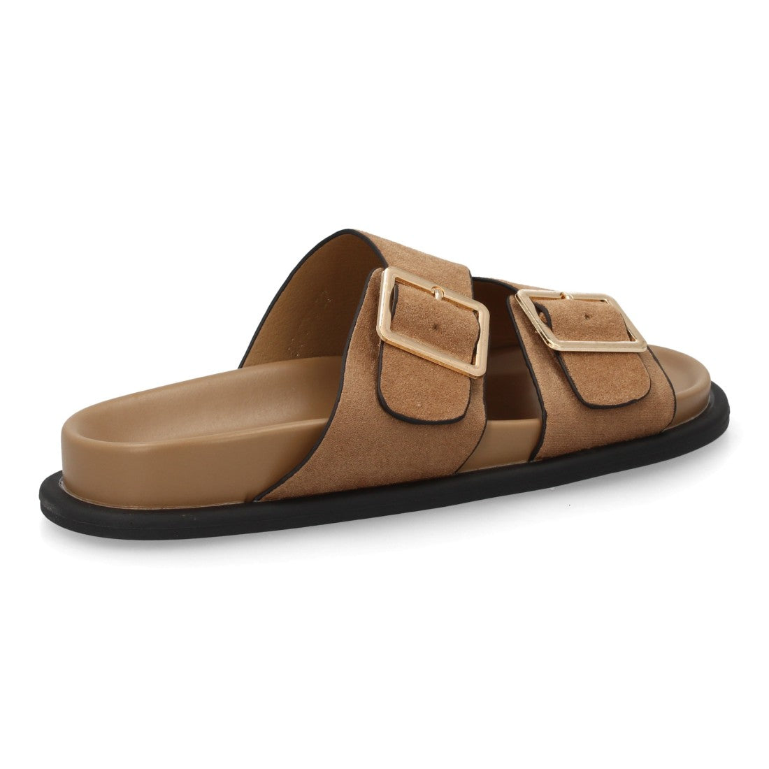 Sandalia plana mujer color kaki con dos hebillas grandes doradas.