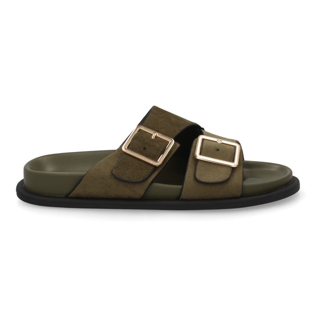 Sandalia mujer verde estilo pala con hebillas XL decorativas.