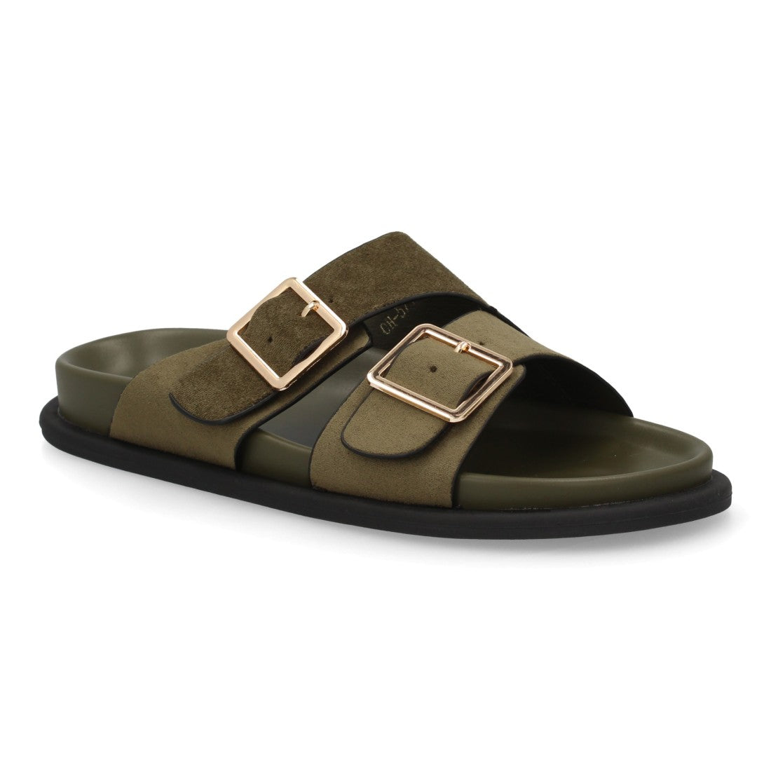 Sandalia mujer verde estilo pala con hebillas XL decorativas.