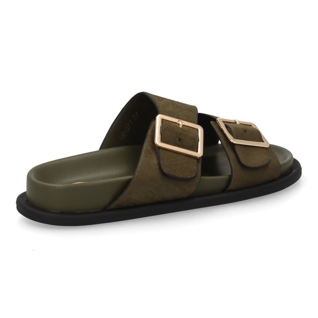 Sandalia mujer verde estilo pala con hebillas XL decorativas.