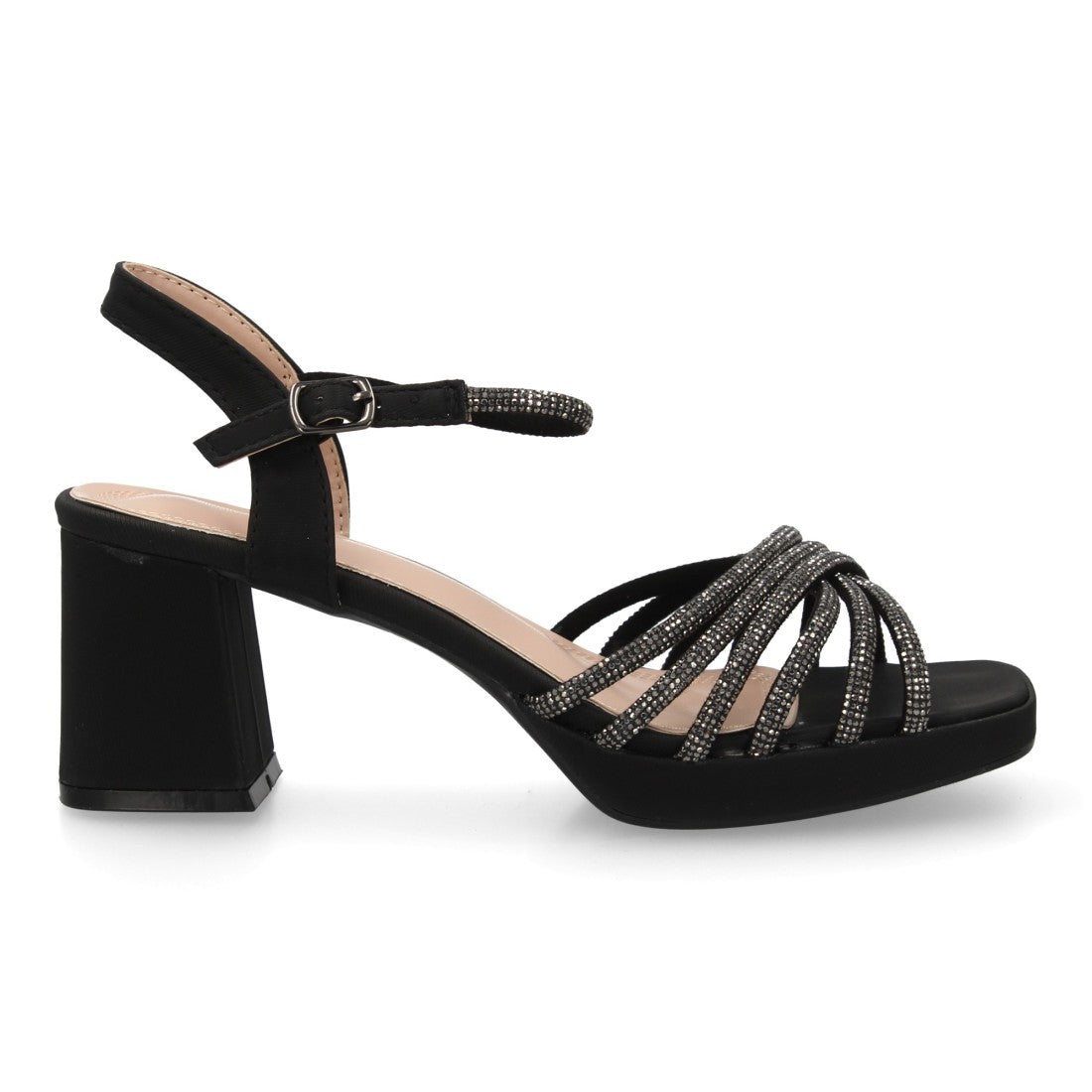 Sandalia tacón ancho negro tiras brillantes