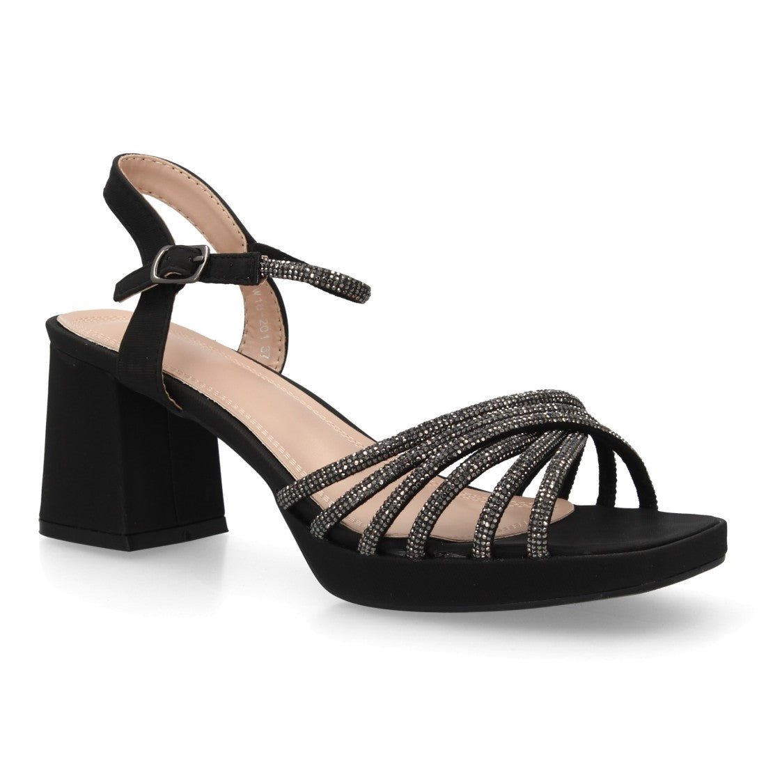 Sandalia tacón ancho negro tiras brillantes