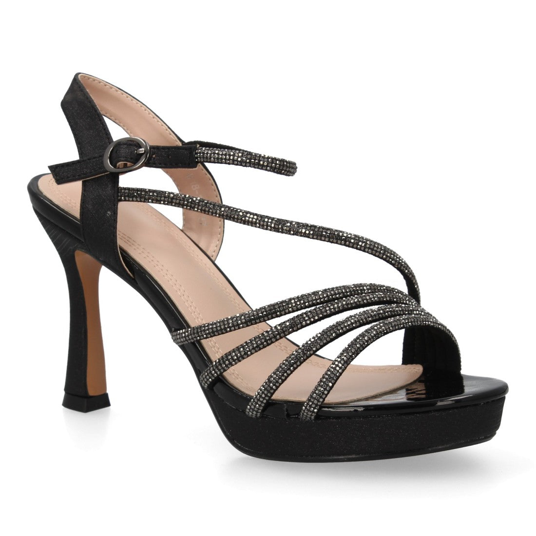 Sandalia tacón fino negro pedrería brillantes