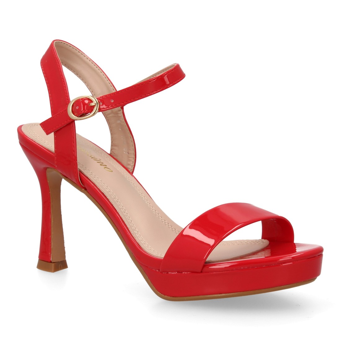 Sandalia tacón fino rojo tira ancha mujer