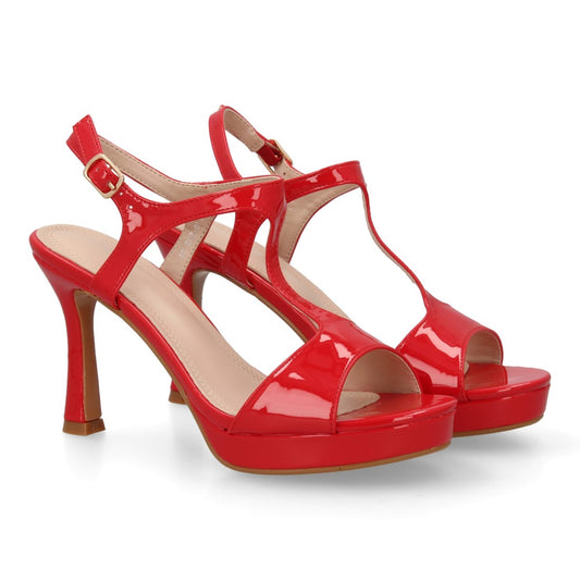 Sandalia tacón fino rojo plataforma diseño T