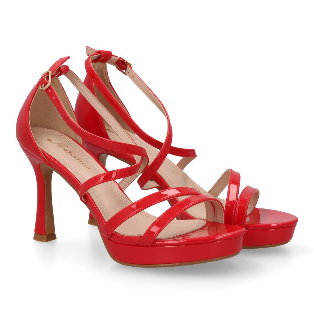 Sandalia tacón fino rojo tiras onduladas diseño