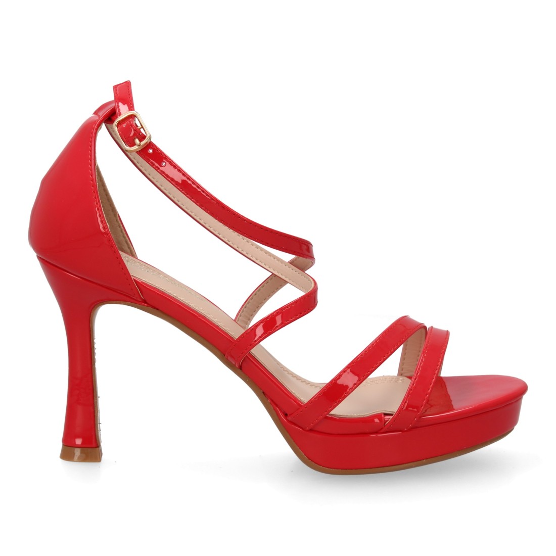 Sandalia tacón fino rojo tiras onduladas diseño