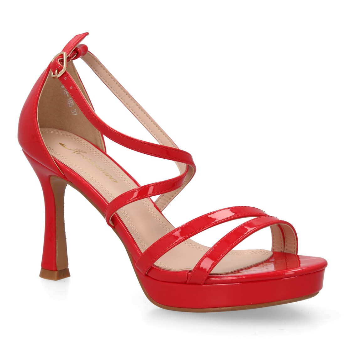 Sandalia tacón fino rojo tiras onduladas diseño