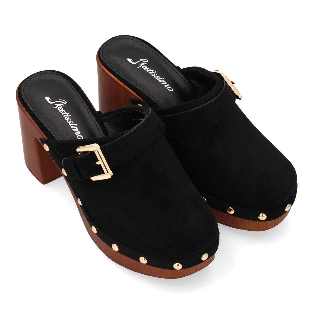 Zueco negro punta cerrada madera mujer